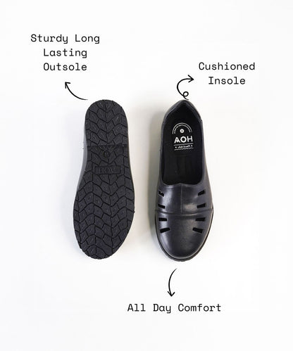 Black Leather Cut Out Loafer Shoes