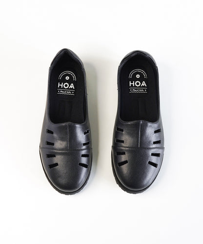 Black Leather Cut Out Loafer Shoes