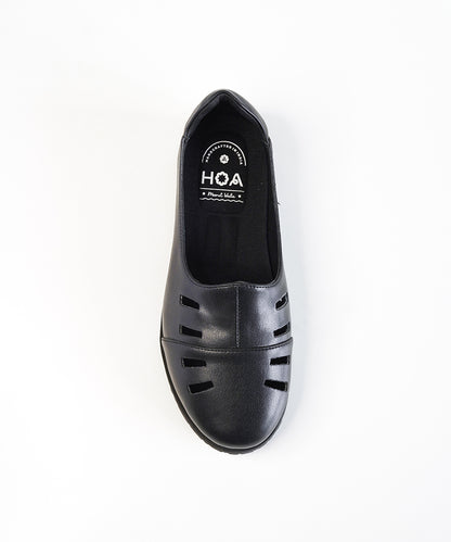 Black Leather Cut Out Loafer Shoes