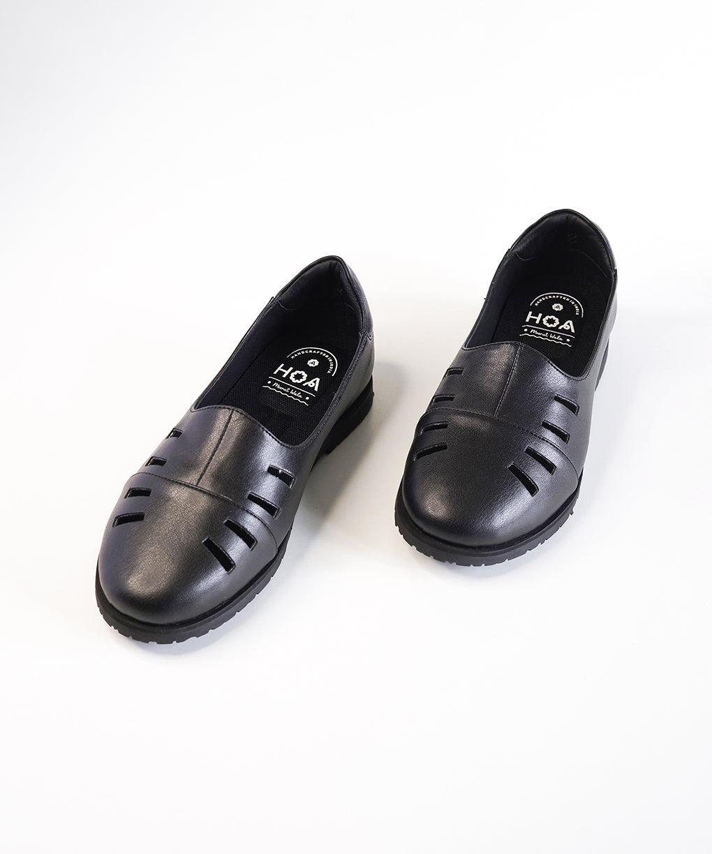 Black Leather Cut Out Loafer Shoes