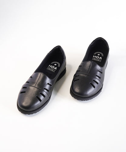 Black Leather Cut Out Loafer Shoes
