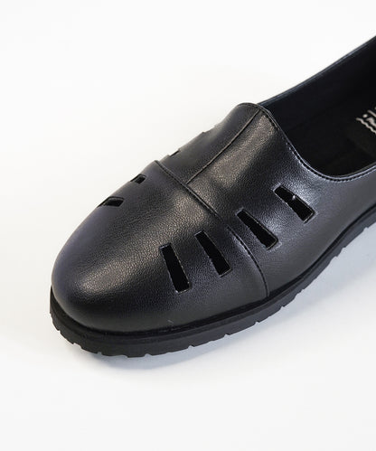 Black Leather Cut Out Loafer Shoes