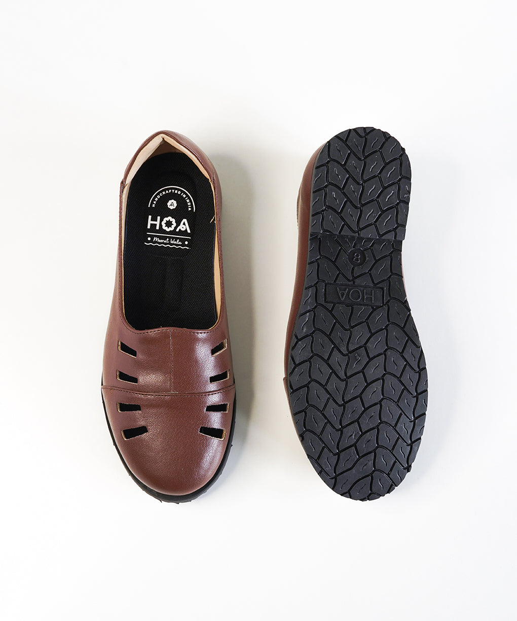 Brown Leather Cut Out Loafer Shoes